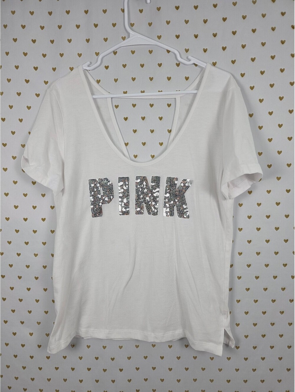 Victorias Secret PINK Bling Open Back White Tee Shirt Large